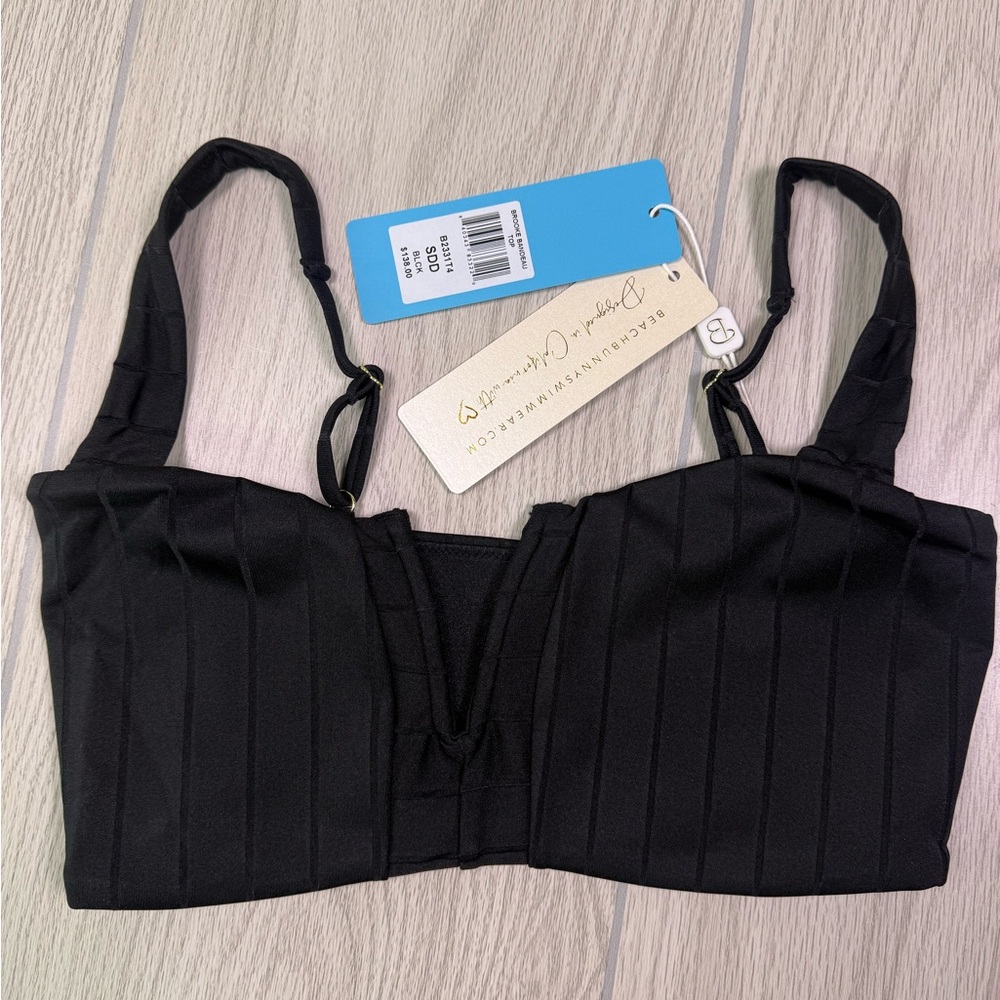 Beach Bunny Black Ribbed Brooke Bandeau Swim‎ Top